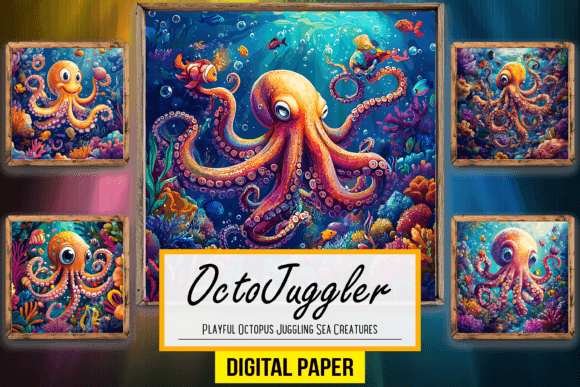 Playful Octopus Juggling Sea Creatures: A Whimsical Design Asset