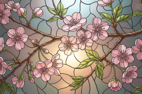 Stained Glass Cherry Blossoms Sunset: A Digital Masterpiece for Your Projects