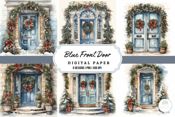 Watercolor Christmas Blue Front Door: A Designer's Festive Asset