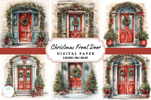Watercolor Christmas Front Door: Festive Digital Art for Every Project
